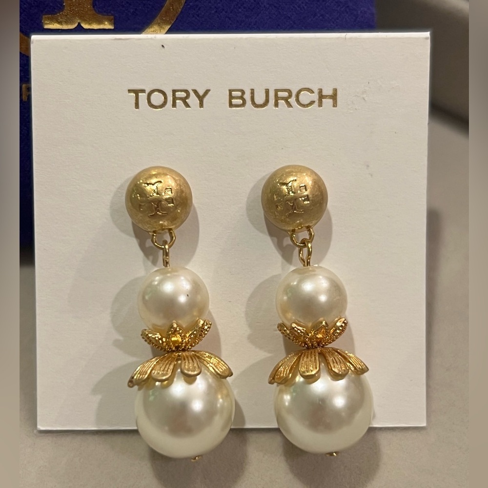 Tory Burch Gold and White Pearl Earrings